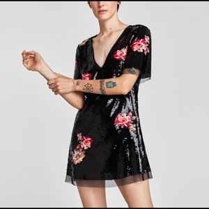 ZARA Black Sequin Floral Embroidered Mini Dress S